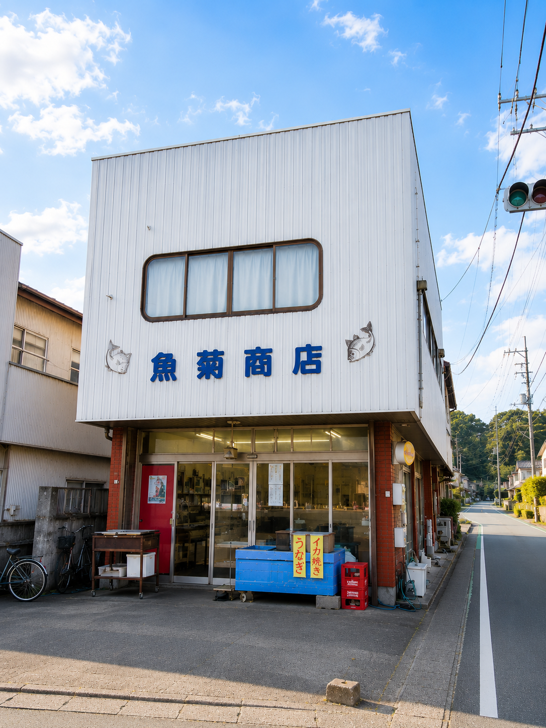 青空の下に建つ魚菊商店の店舗外観
